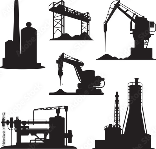Industrial machinery and factory equipment silhouettes isolated