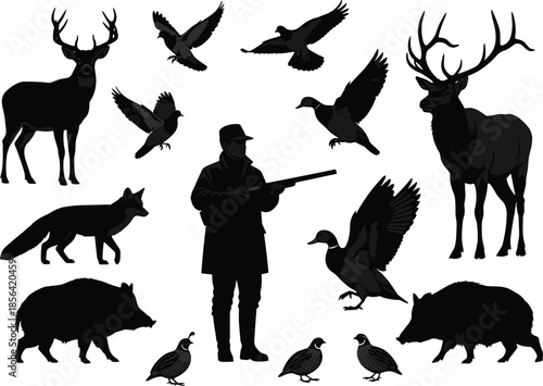 Hunter silhouette with rifle, wildlife animals, deer, boar, fox, birds flying, nature scene, outdoor hunting illustration, black art