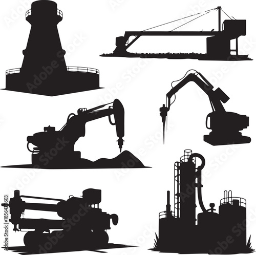 Collection of industrial machinery and equipment silhouettes isolated