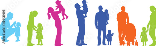 Parent child interaction silhouettes, colorful family bonding vector, nurturing relationships, caregiver support, flat design, modern parenting concept