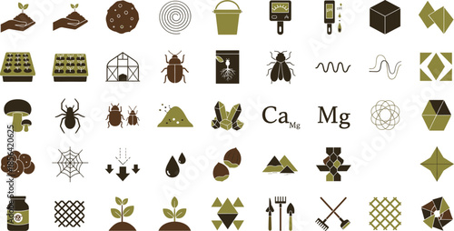 Flat style agricultural icon set for soil science, organic farming, pest control, gardening tools, and plant cultivation symbols.