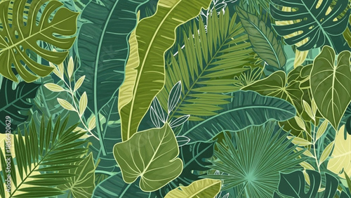 Tropical leaves illustration featuring Whisk, plants, and foliage in a lush green environment from a top viewpoint