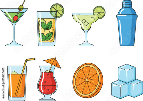 Flat style cocktail and barware icon set featuring martinis, margaritas, tropical drinks, shakers, and refreshing summer beverage symbols.