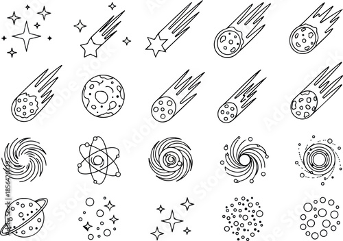 Set of space objects vector icons in line style for astronomy projects