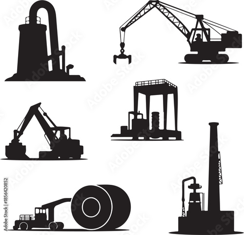 Collection of heavy industrial machinery and equipment silhouettes