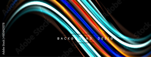 Abstract colorful lines flow across black background. Dynamic waves create modern visual effect. Bright hues offer sleek design.
