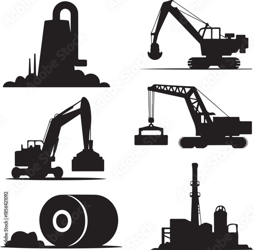 Collection of heavy construction machinery and equipment silhouettes