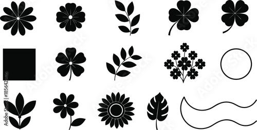 Black silhouette botanical icon set with various flower shapes, leaves, clover, and decorative geometric elements for graphic design.