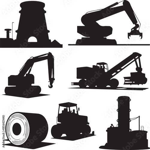 Collection of heavy industrial machinery and equipment silhouettes