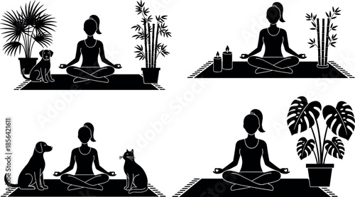 Zen Yoga Meditation Silhouette Set with Pets and Houseplants for Mindfulness Wellness Home Decor and Healthy Lifestyle Vector Illustration Design