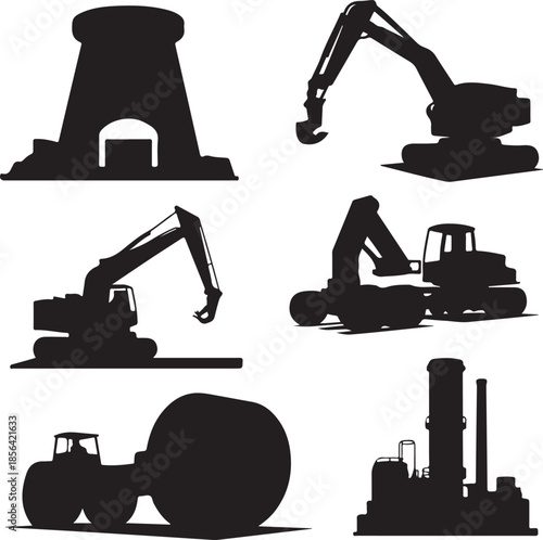 Collection of heavy construction machinery and industrial equipment silhouettes