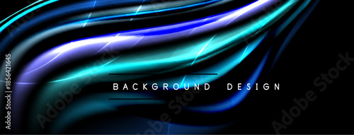 Abstract flowing lines create dynamic background. Blue, purple hues dominate dark space. Text reads background design.