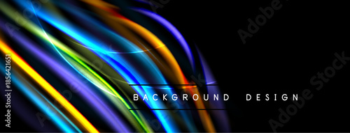 Abstract colorful lines flow across black space. Bright gradients create dynamic visual texture, modern design element.
