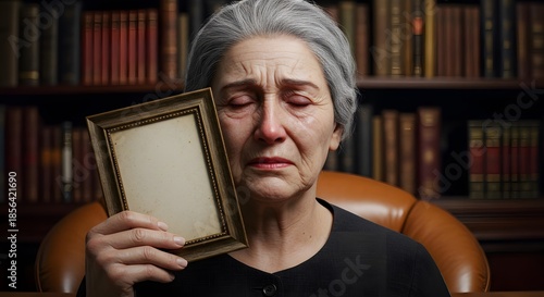 Elderly woman holding a blank picture frame for portrait and memory concept, studio shot