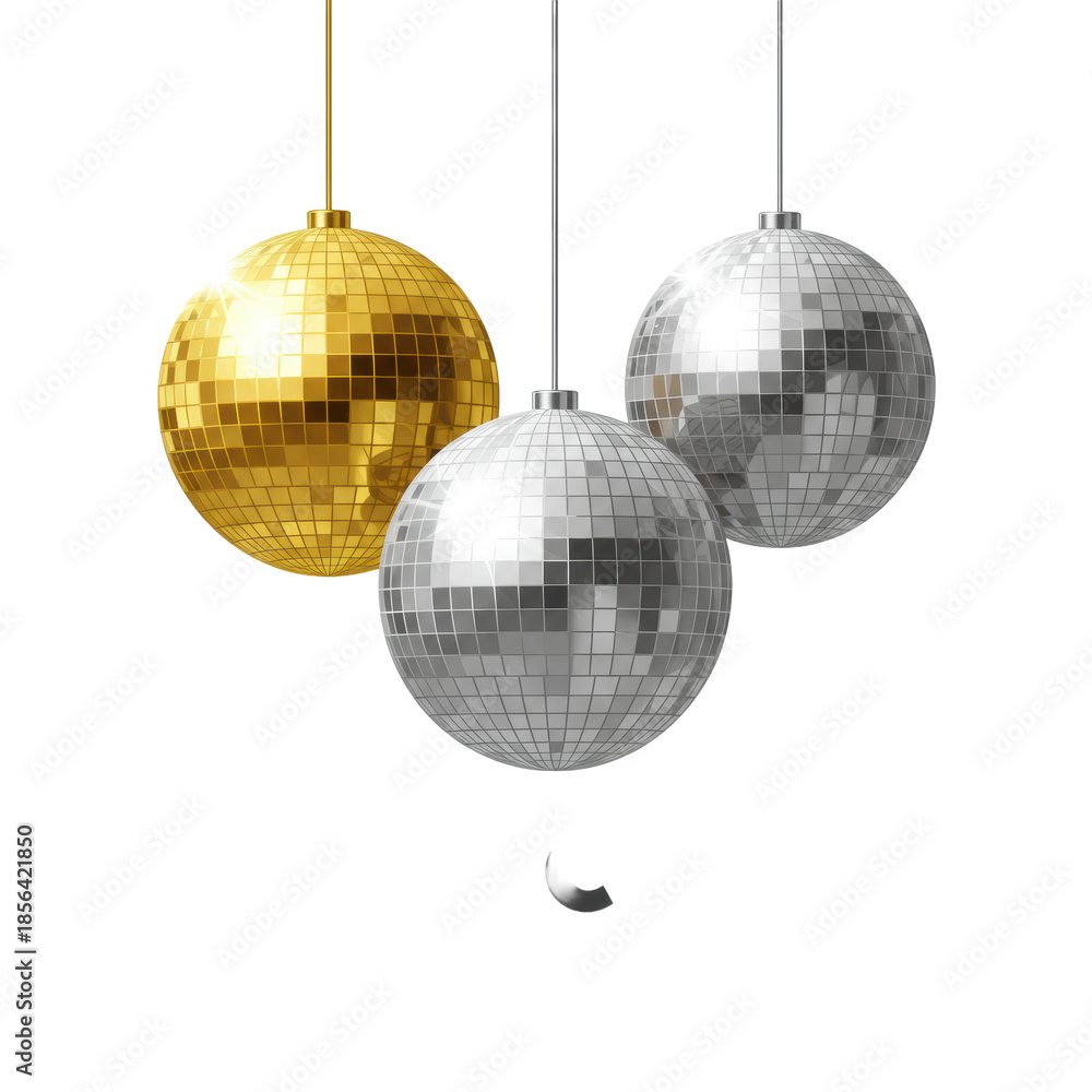 Fototapeta premium three vector gold and silver disco mirror balls with sharp reflections and 'disco night' text, isolated on a transparent background with copy space. retro 70s glamour concept