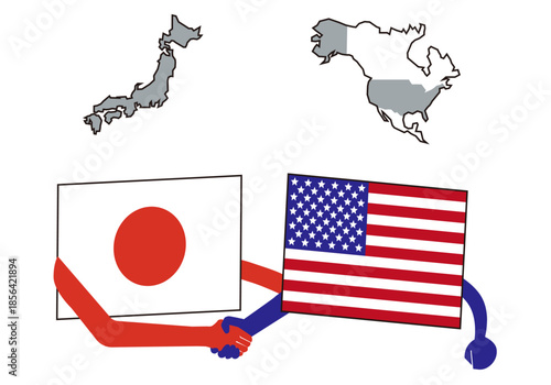 日本とアメリカの地図、国旗、日米同盟のイメージ