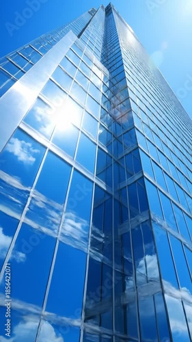 Looking Up at Modern Glass Skyscraper Reflecting Blue Sky and Clouds