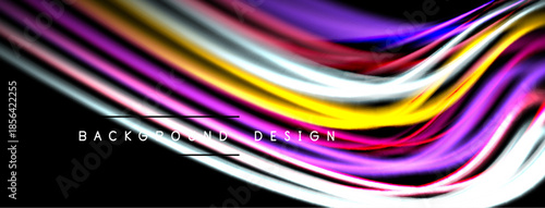 Abstract fluid ribbons, vibrant colors, dynamic flow. Black background emphasizes bright, swirling shapes. Modern design element.