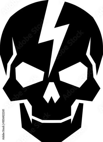 Silueta negra de calavera estilizada con símbolo de rayo en la frente, vector aislado. Icono de cráneo gráfico con rayo para diseño de tatuaje, rock, peligro o Halloween.