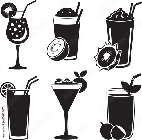 Assorted summer drinks and cocktails with fruit garnishes illustration