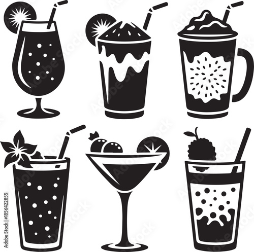 Assorted summer drinks and cocktails in stylized icons collection