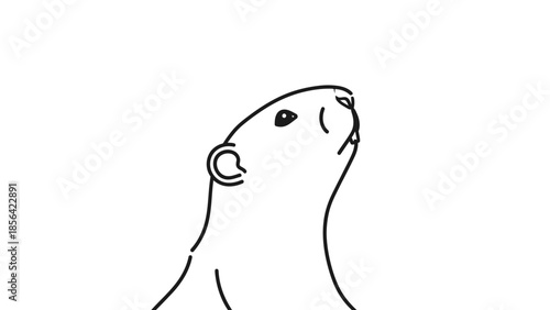 Minimalist black and white line art illustration of a cute animal looking up with curiosity.