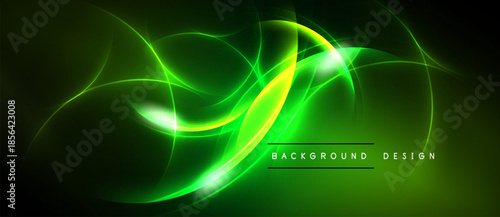 Abstract green light streaks form dynamic curves. Dark background enhances vibrant glow, creating modern visual effect.