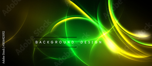 Abstract neon lines create dynamic background. Green, yellow hues dominate dark space. Text reads background design. Modern, vibrant visual.
