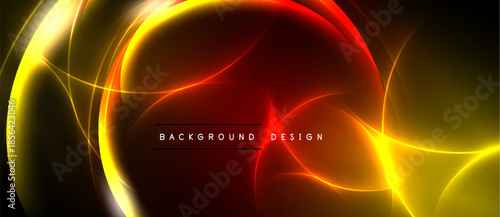 Dynamic abstract design. Glowing lines create swirling shapes, vibrant red, gold hues dominate dark background. Modern visual element.