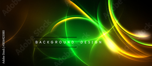 Abstract neon lines create dynamic background. Green, yellow, orange hues blend, forming flowing curves. Dark space emphasizes vibrant glow.