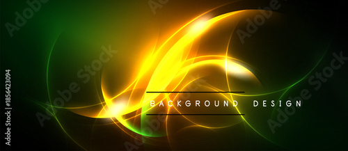 Abstract vibrant energy flows. Bright yellow curves dominate dark green, black canvas. Modern design element, dynamic visual impact.