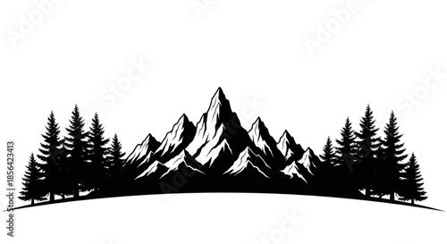 Vintage monochrome mountains set flat vector illustration on transparent Background. Black White Alpine Mountain Forest Scene Stock Vector. Mountain Forest Tree Landscape Silhouette Vector .