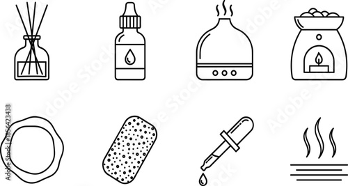 Minimalist black line icon set for aromatherapy featuring essential oil diffusers, wellness rituals, and holistic health spa symbols.