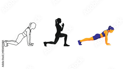 Set of three female fitness exercise illustrations kneeling position, lunge, and plank, showing different workout moves