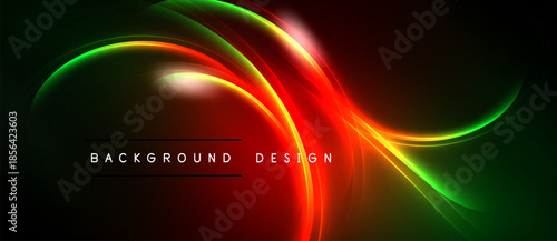 Abstract neon waves, vibrant colors, dark background. Smooth curves create dynamic visual effect. Text reads background design.