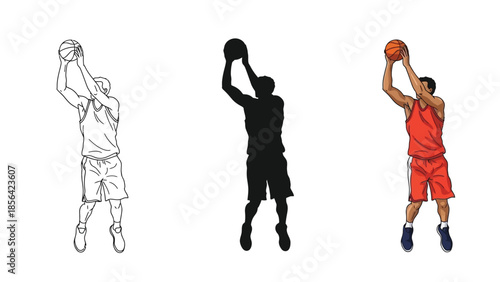 Set of three basketball player jump shot illustrations outline, silhouette and full color graphic