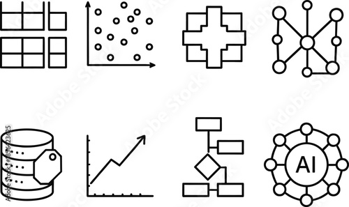 Minimalist black line icon set for artificial intelligence featuring data grids, scatter plots, network nodes, and analytics charts.