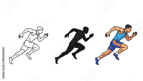 Set of three illustrations of a male runner in different styles outline, silhouette and full color vector graphic