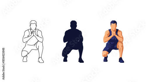 Set of three illustrations showing a man performing a squat exercise line art, silhouette and full color figure