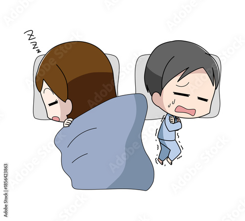 一緒に寝ていて男性が女性に掛け布団を取られるイラスト