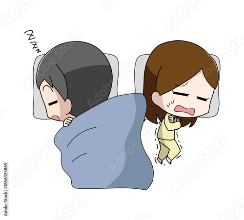 一緒に寝ていて女性が男性に掛け布団を取られるイラスト