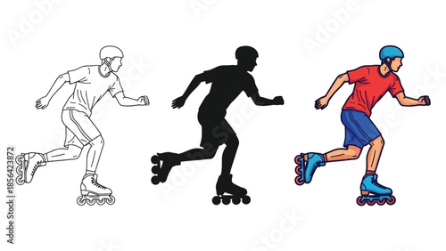 Set of three illustrations of a person rollerblading outline drawing, silhouette, and fullcolor drawing, showing dynamic movement and sports activity