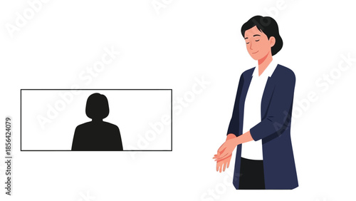 Businesswoman showing hand gesture next to storyboard sketches of a person in outline and silhouette
