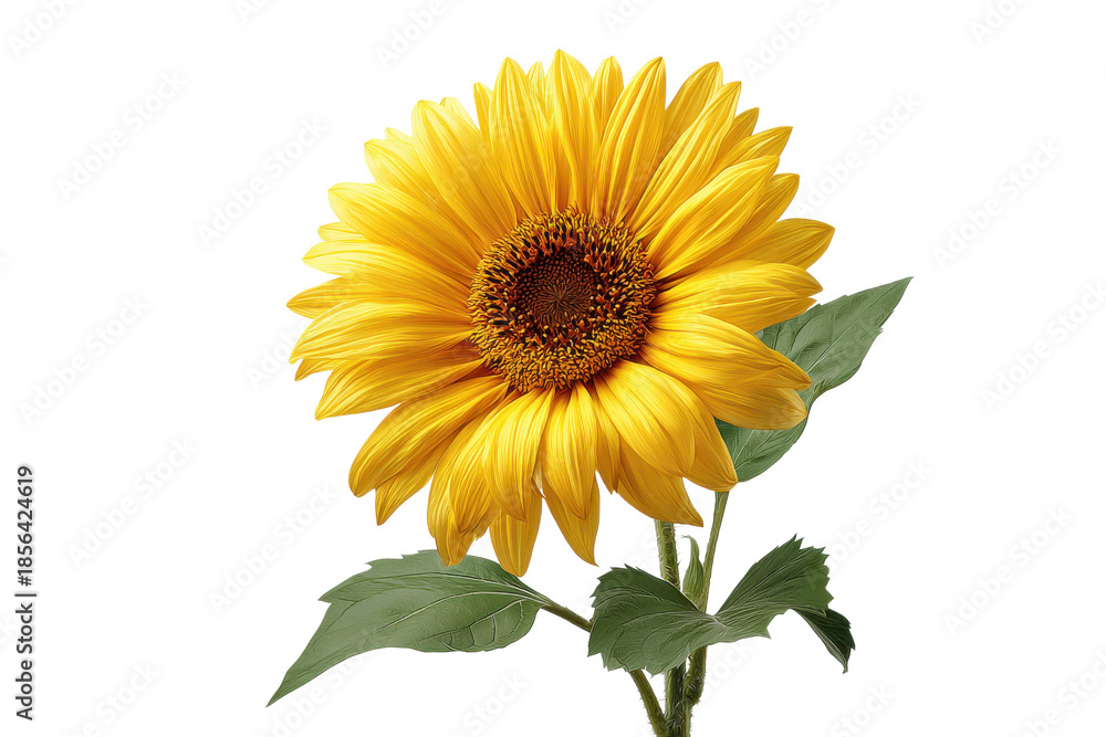 Obraz premium Single bright yellow sunflower with green leaves on black background bloom blossom, Isolated On White Background, Png Transparent