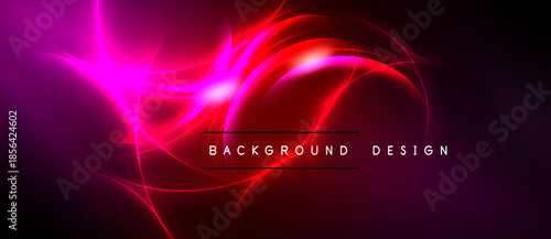Abstract vibrant design features swirling pink, red light effects. Dark background enhances luminosity, creating dynamic visual impact.