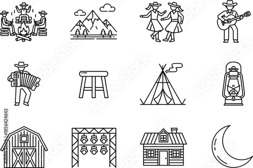 Minimalist black line icon set for country living featuring campfires, folk music, rustic cabins, barns, and outdoor festival symbols.