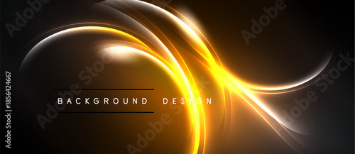 Abstract golden lines over black background. Dynamic curves create luminous energy, modern design element. Simple text reads background design.