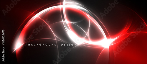 Abstract red, white lines form dynamic circular shapes. Dark background emphasizes glowing energy, modern design elements.