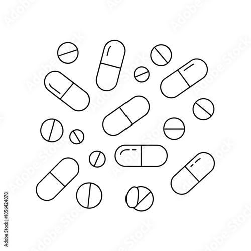 An assortment of different shaped pills and capsules in a simple line drawing