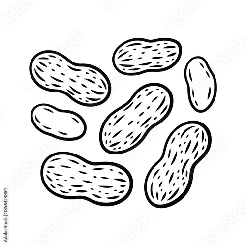 A simple black and white sketch of several peanuts scattered randomly